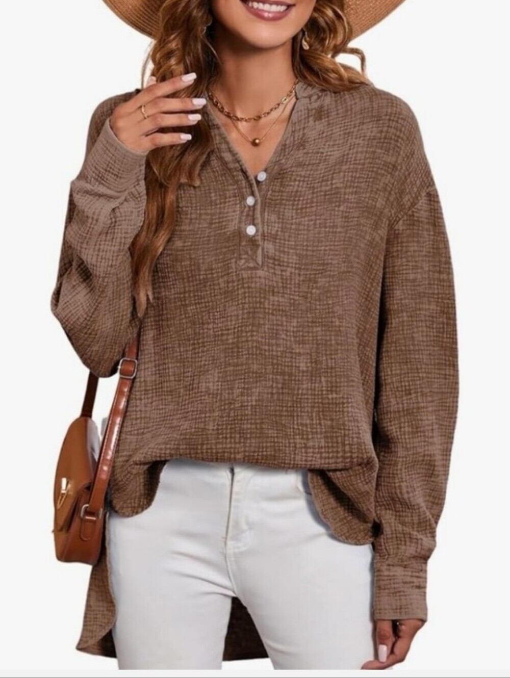 Dokotoo Brown Women's Button Henley Tunic Top Size XL